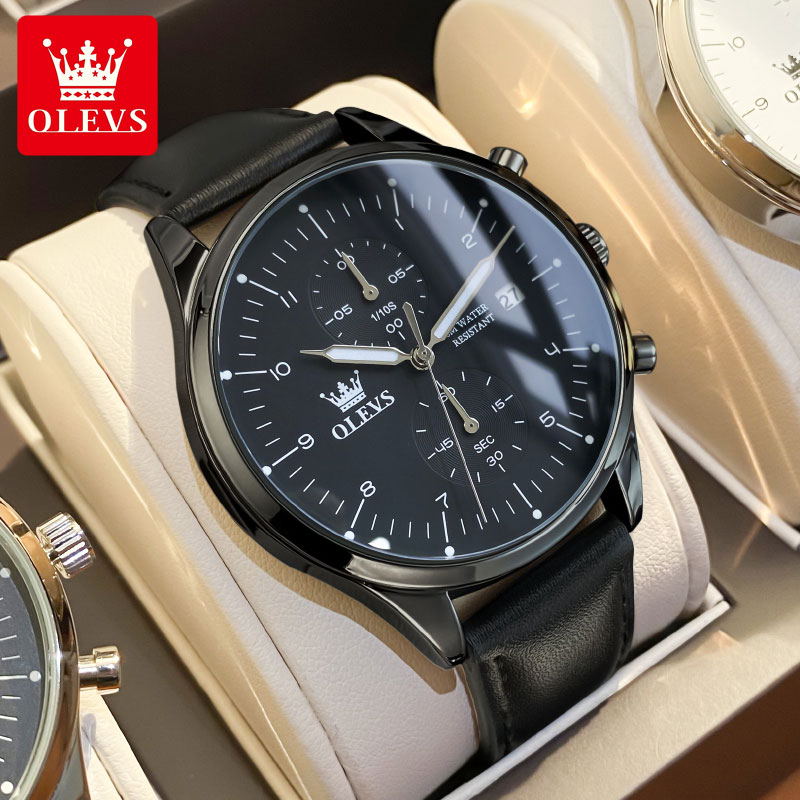 Men Accessories H&M - OLEVS 2880 カジュアルファッションメンズ腕時計 クロノグラフ 30M防水 レザーストラップ