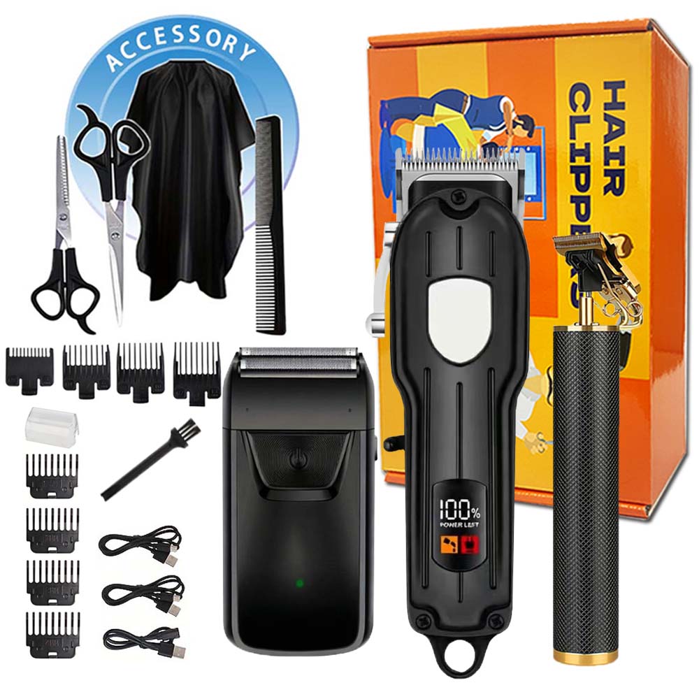 Men'S Accessories Display - LCDディスプレイ付きプロ用バリカンセット、男性用充電式電動トリマー、Tアウトライナー、フォイルシェーバー、ガイドコーム、アクセサリー付き