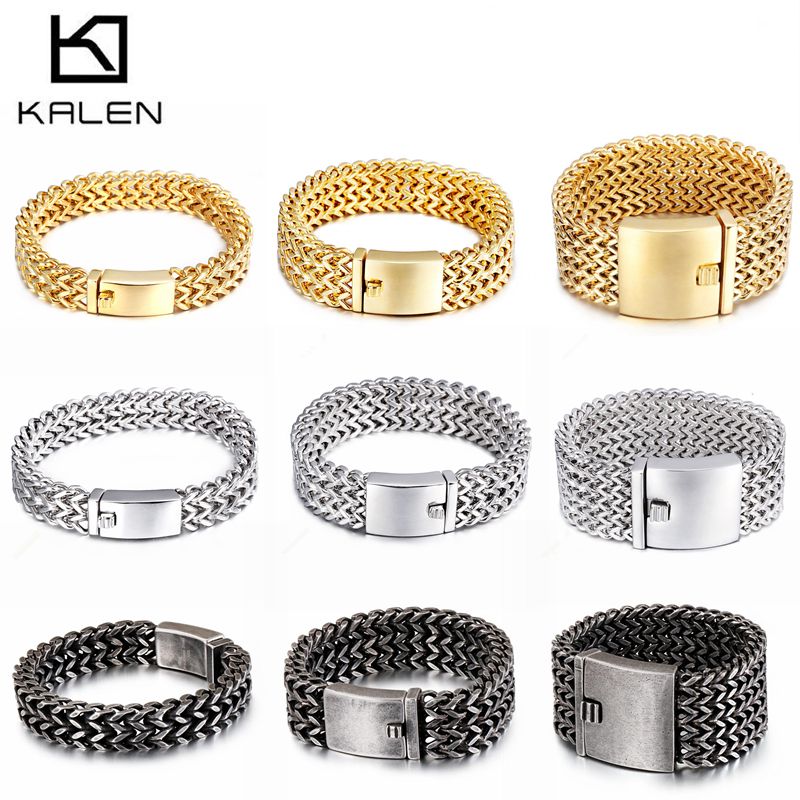 Men Accessories In Dubai - KALEN 新ステンレス鋼リンクチェーンブレスレット高光沢ドバイゴールドカラーメッシュブレスレット男性クールジュエリーアクセサリーギフト